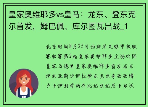 皇家奥维耶多vs皇马：龙东、登东克尔首发，姆巴佩、库尔图瓦出战_1
