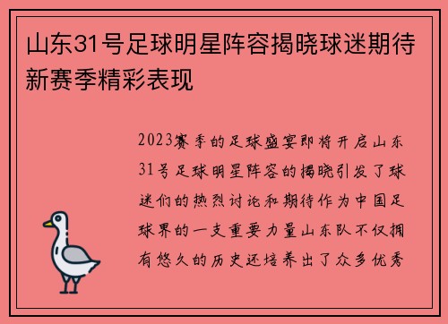 山东31号足球明星阵容揭晓球迷期待新赛季精彩表现